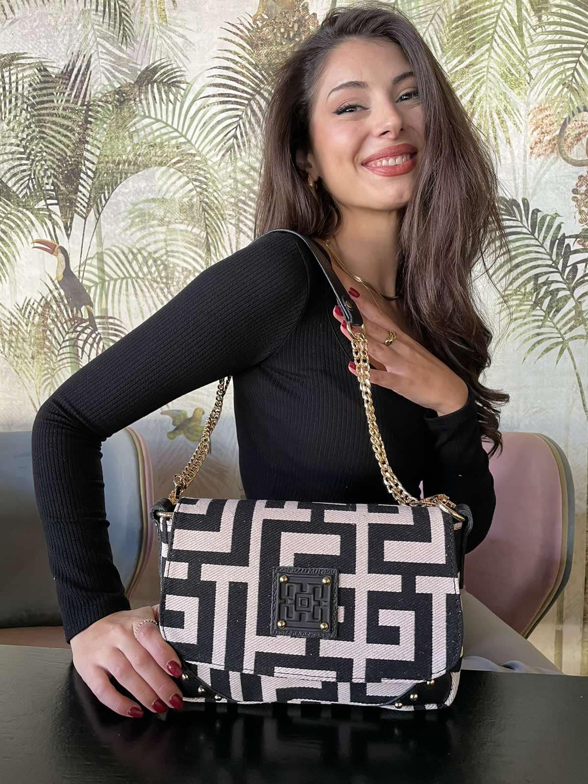 Midneto Dimitra Shoulder Bag, Μπεζ-Μαύρο Χρώμα