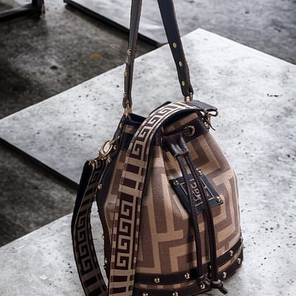 Midneto Nefeli Shoulder Bag Labyrinth, Σκούρο Καφέ-Μπεζ Χρώμα