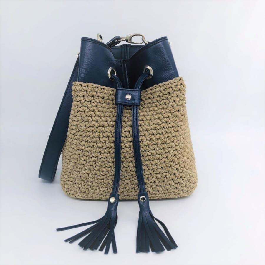 Τσαντάκι Πουγκί Sugar, Μπλέ Navy με Νήμα Μπέζ Πούρου