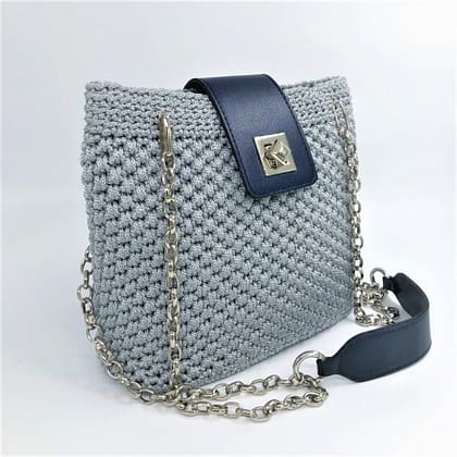 Shoulder Bag Mykonos, Γκρί Ανοιχτό με Μπλέ Σκούρα Στοιχεία