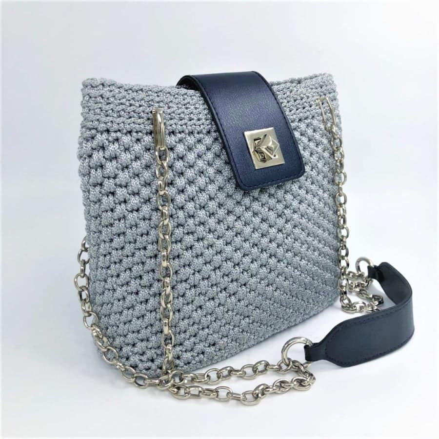 Shoulder Bag Mykonos, Γκρί Ανοιχτό με Μπλέ Σκούρα Στοιχεία